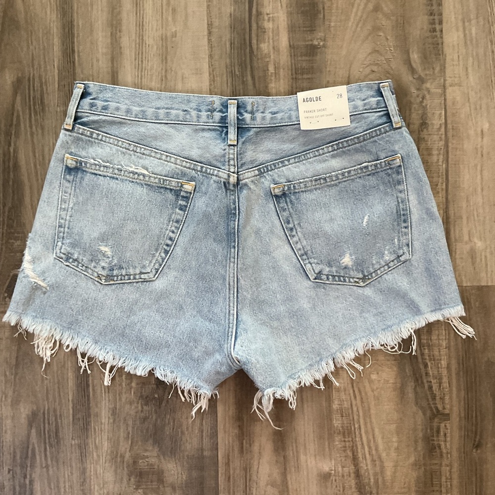 AGOLDE WOMEN'S PARKER DISTRSSED DENIM SHORTS SWAPMEET BLUE WASH SIZE 28 $128 - Picture 5 of 5